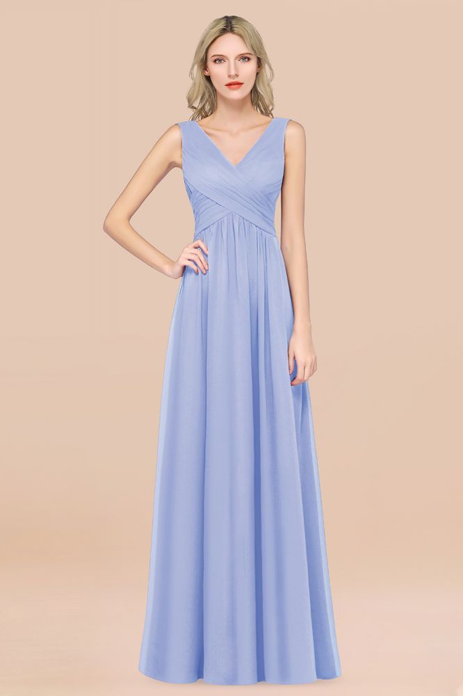 Chiffon A-Line Straps V-Neck Sleeveless Long Bridesmaid Dress with Ruffles