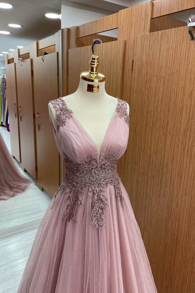 Dusty Pink V-neck Tulle A-line Long Prom Dresses