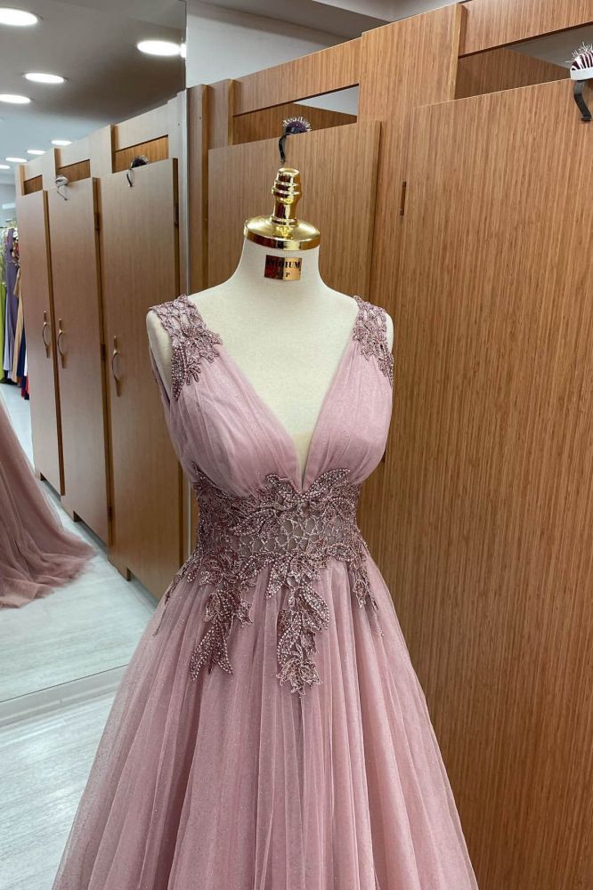 Dusty Pink V-neck Tulle A-line Long Prom Dresses