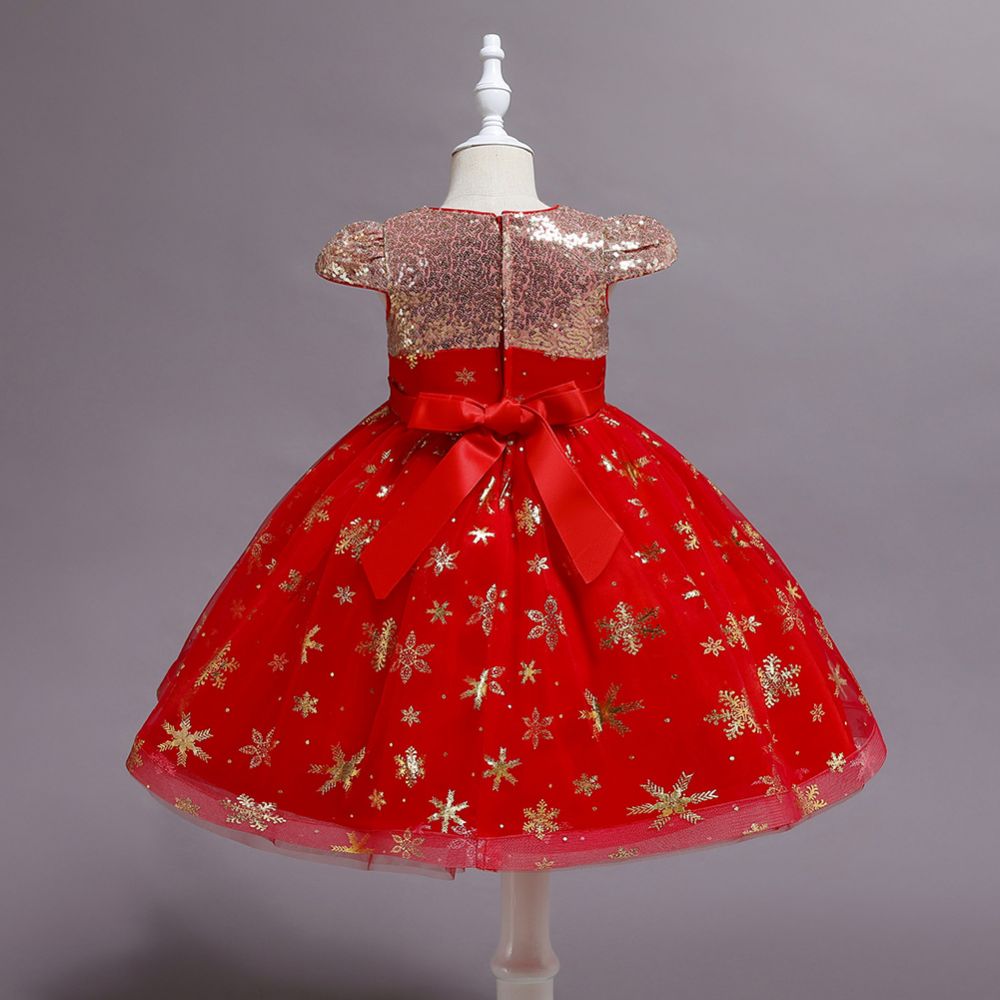 Cap sleeves v-neck sparkle stars red princess flower girl dress