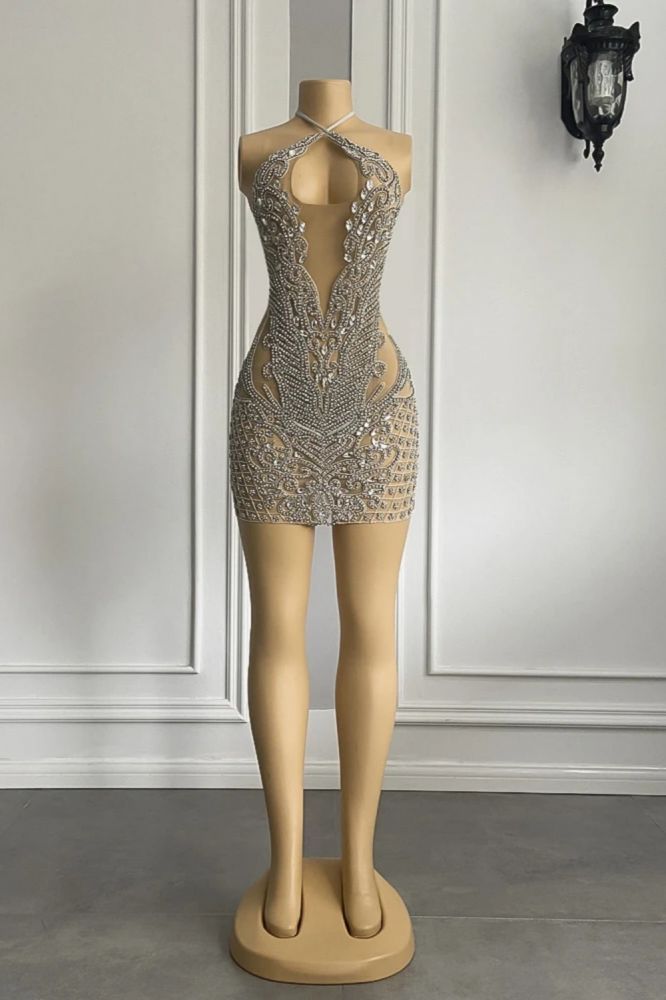 Sexy Halter Sleeveless Short Sheath Sequined Prom Dresses with Rhinestones