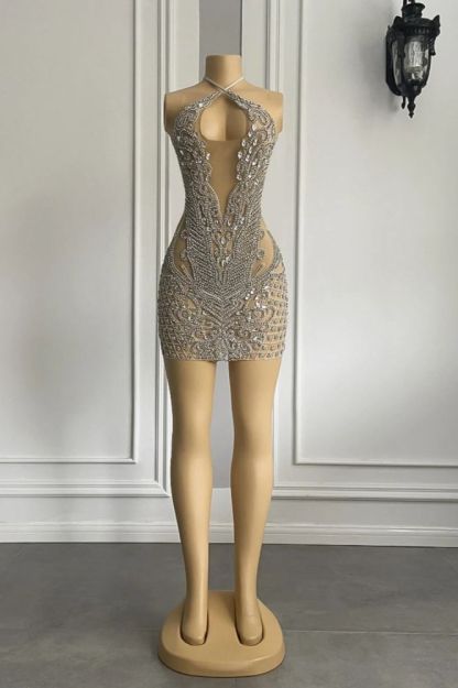 Sexy Halter Sleeveless Short Sheath Sequined Prom Dresses with Rhinestones