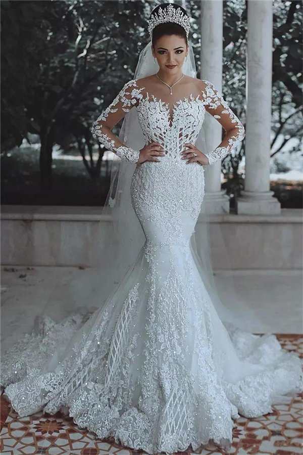 Luxury Beaded Lace Mermaid Wedding Dresses with Sleeves | Sheer Tulle Appliques Bride Dresses