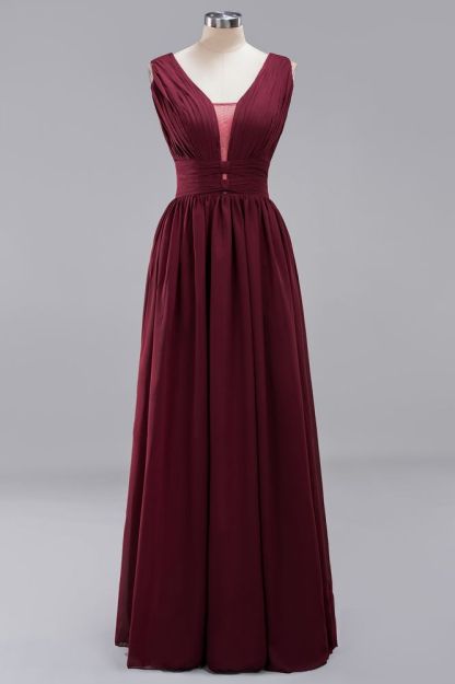 A-Line Chiffon V-Neck Sleeveless Long Bridesmaid Dress with Ruffles