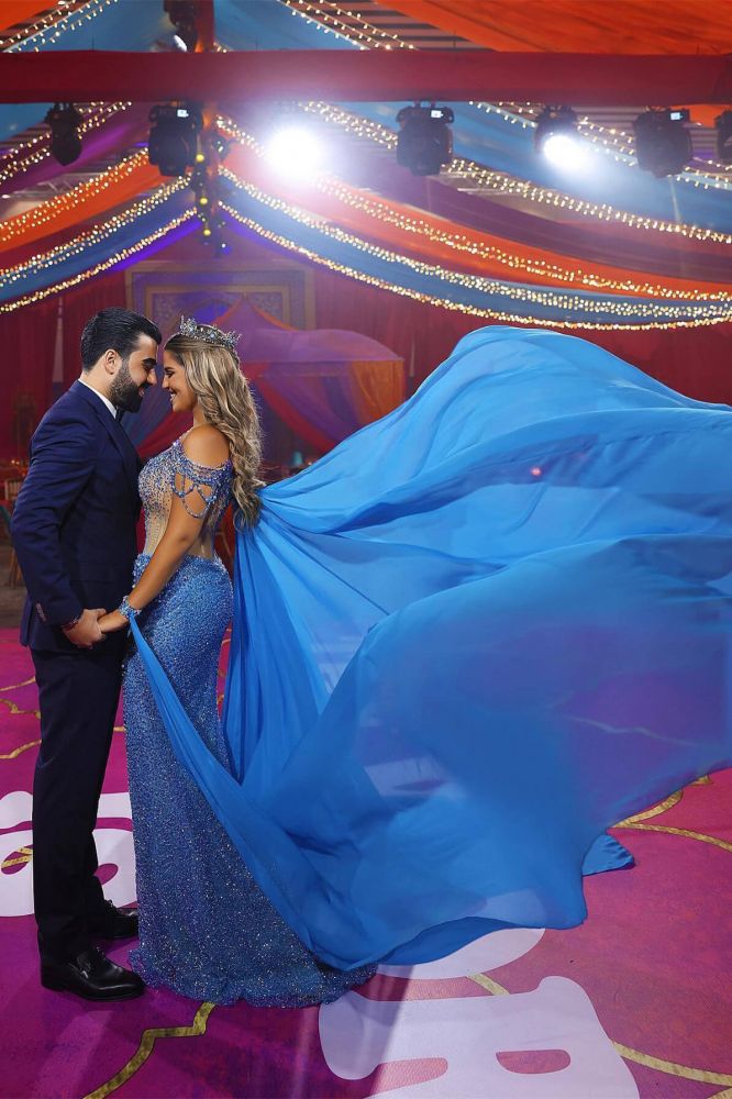 Cap sleeves Blue Mermaid Blue Long Prom dresses with cape