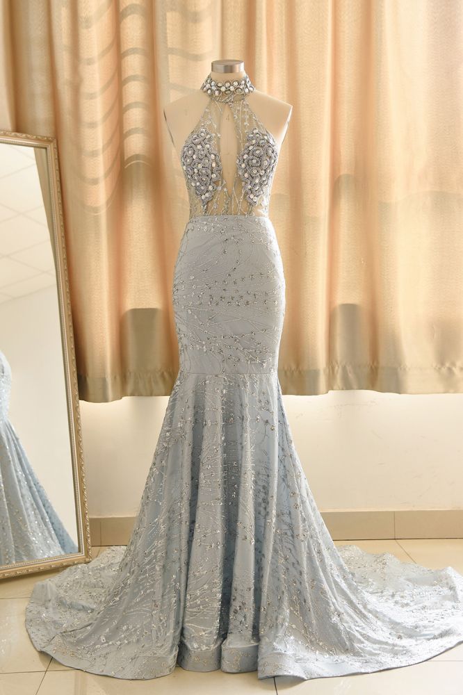 Halter Sleeveless Beaded Mermaid Satin Floor Length Crystal Prom Party Dress