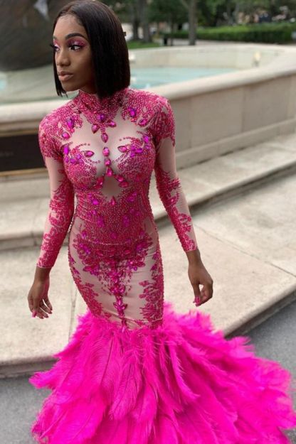 Long Sleeve Crystals Mermaid Evening Gowns Appliques Prom Dress