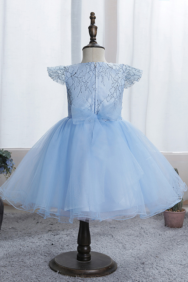 Cap sleeves sky blue a-line princess flower girl dress