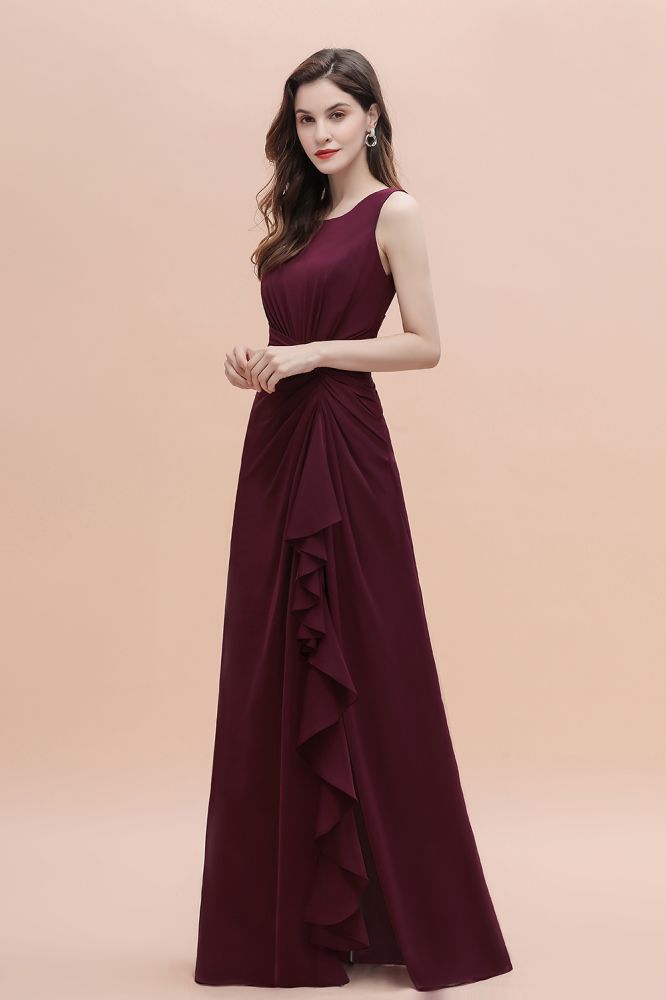 Charming Burgundy Jewel Neck Evening Dress with Side Split