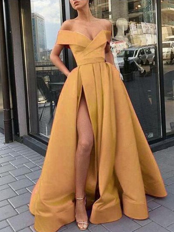 Off the shoulder v-neck yellow high split long prom dress