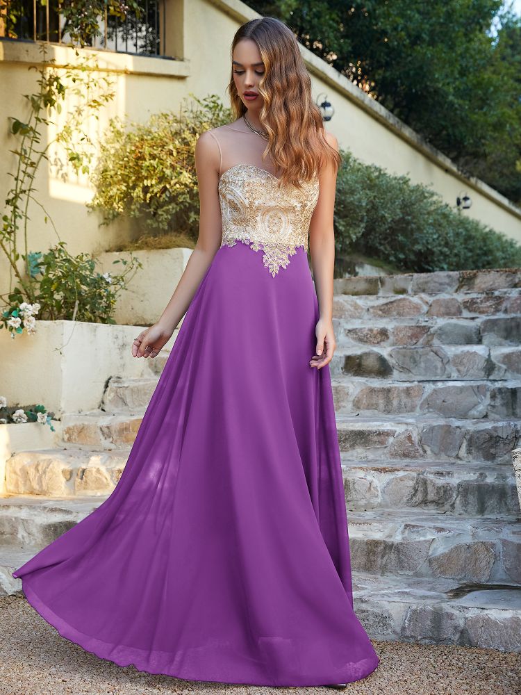 Sleeveless Lace Appliques Long Prom Dresses Chiffon Evening Party Gown