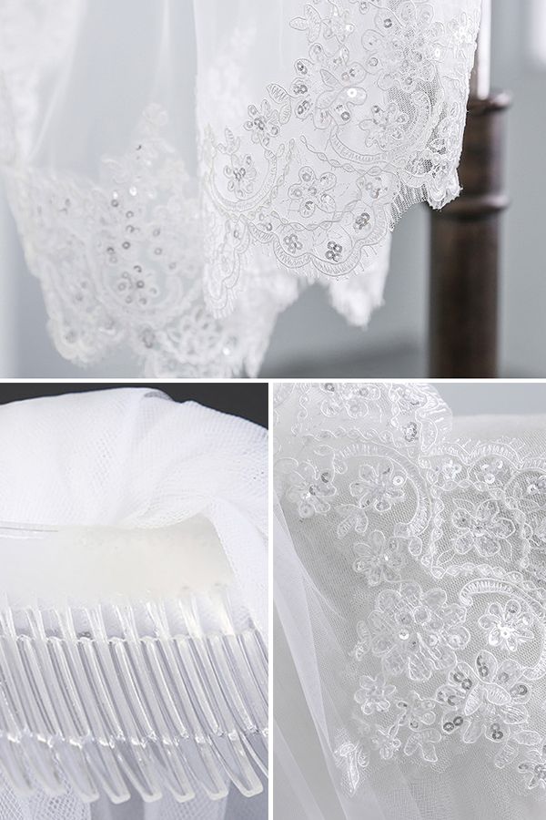 Cute Tulle Lace Scalloped Edge 1.5*1.45M Wedding Gloves with Appliques Sequined