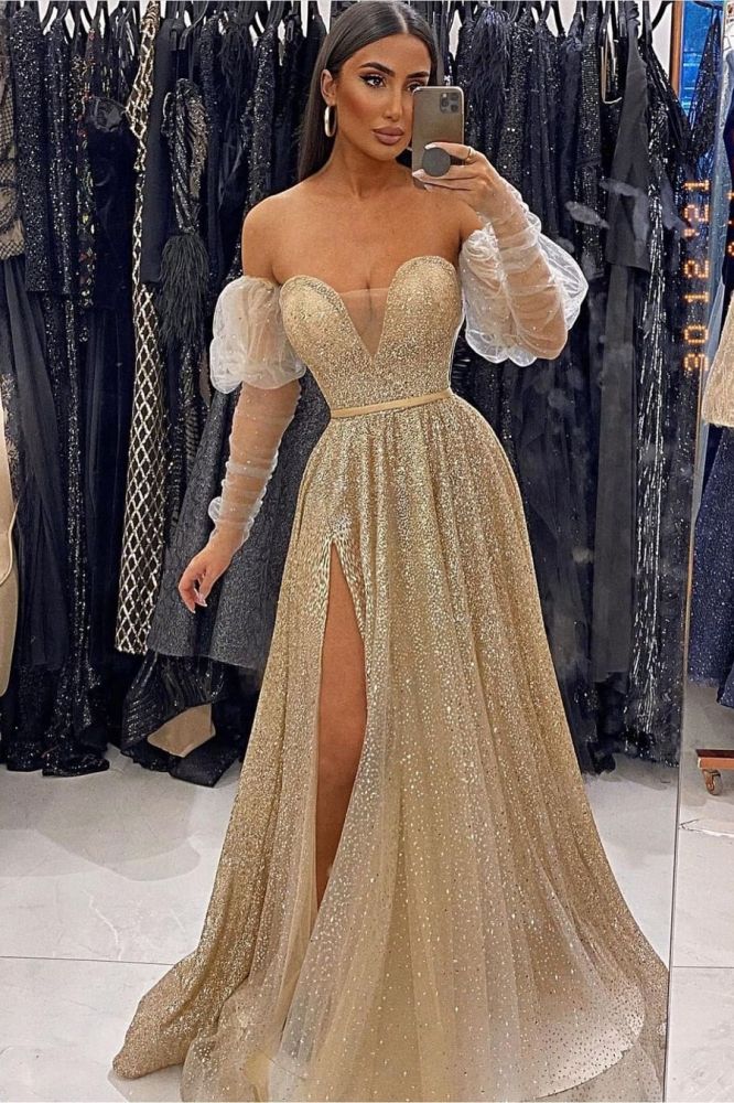 Off the shoulder Bubble Sleeves Sparkle A-line Prom Dresses