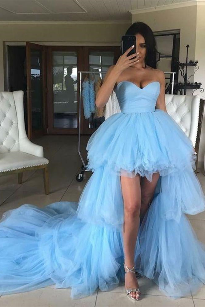 Light Blue High Low Ruffles Tulle Prom Dresses