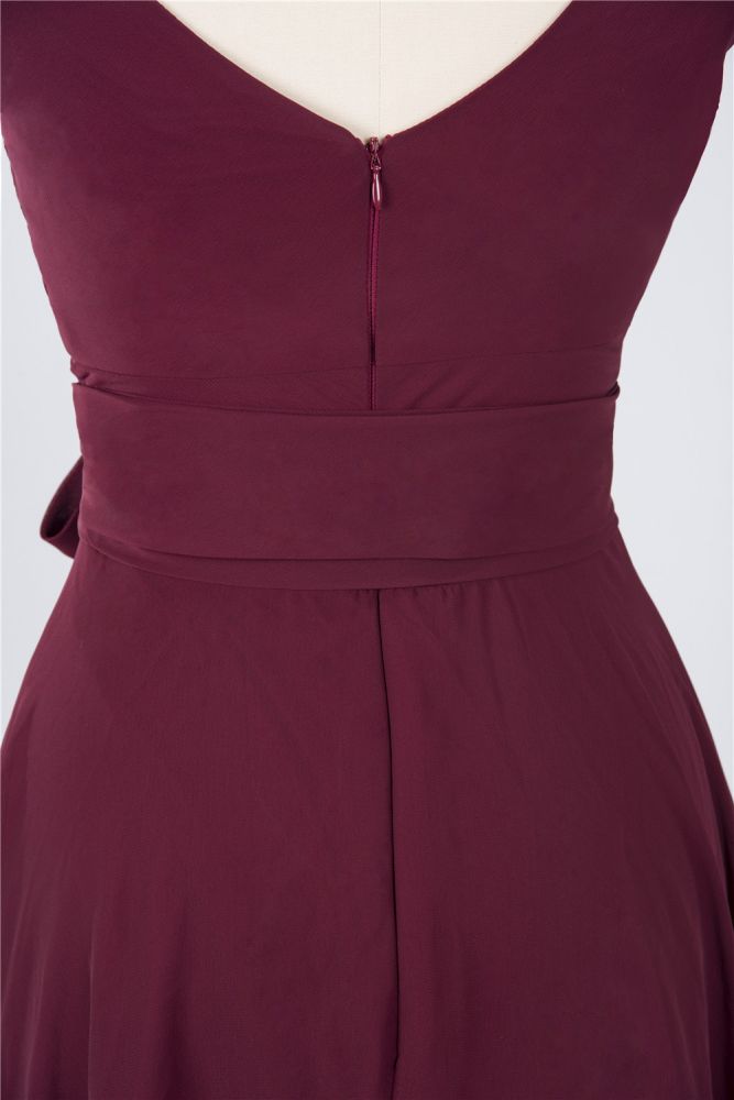 Chiffon A-Line Straps V-Neck Sleeveless Ruffles Short Bridesmaid Dress with Bow Sash