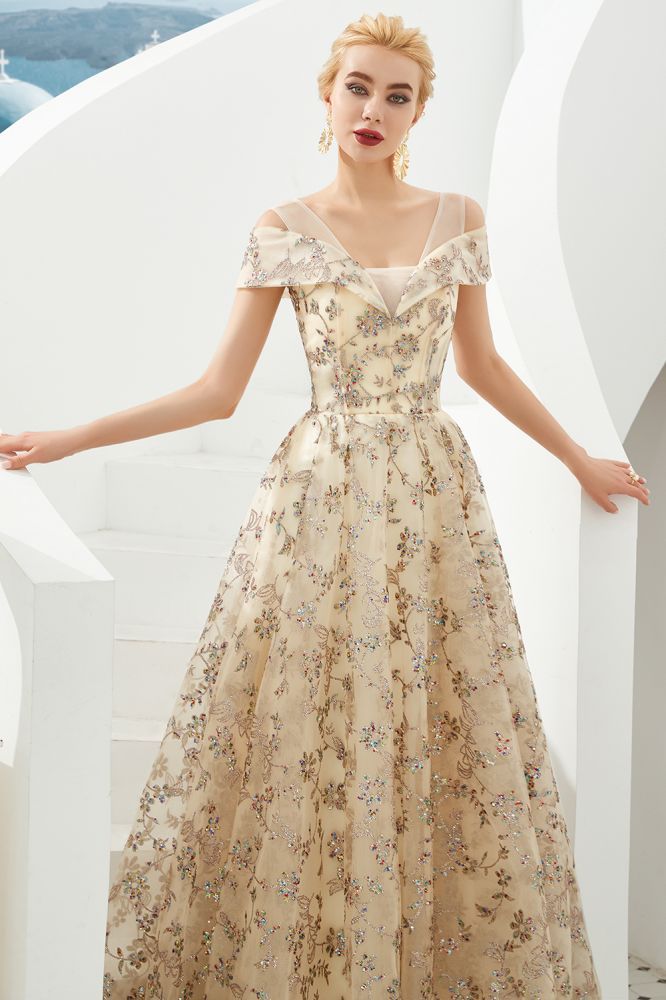 Herbert | Elegant Gold Cold shoulder Prom Dress with Delicate Multi-color Lace Appliques