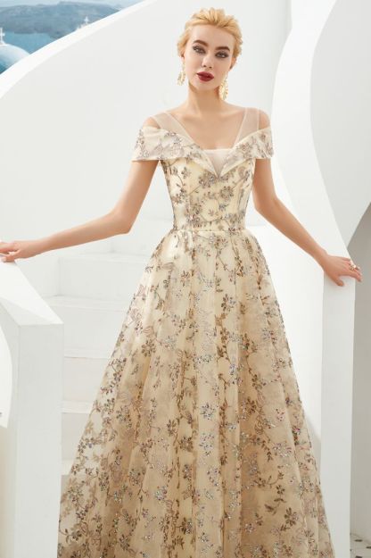 Herbert | Elegant Gold Cold shoulder Prom Dress with Delicate Multi-color Lace Appliques