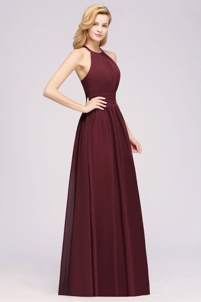 A-line Chiffon Appliques Halter Sleeveless Floor-Length Bridesmaid Dresses with Ruffles