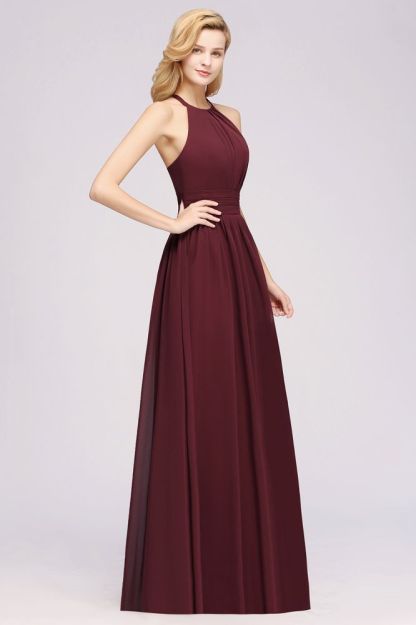 A-line Chiffon Appliques Halter Sleeveless Floor-Length Bridesmaid Dresses with Ruffles