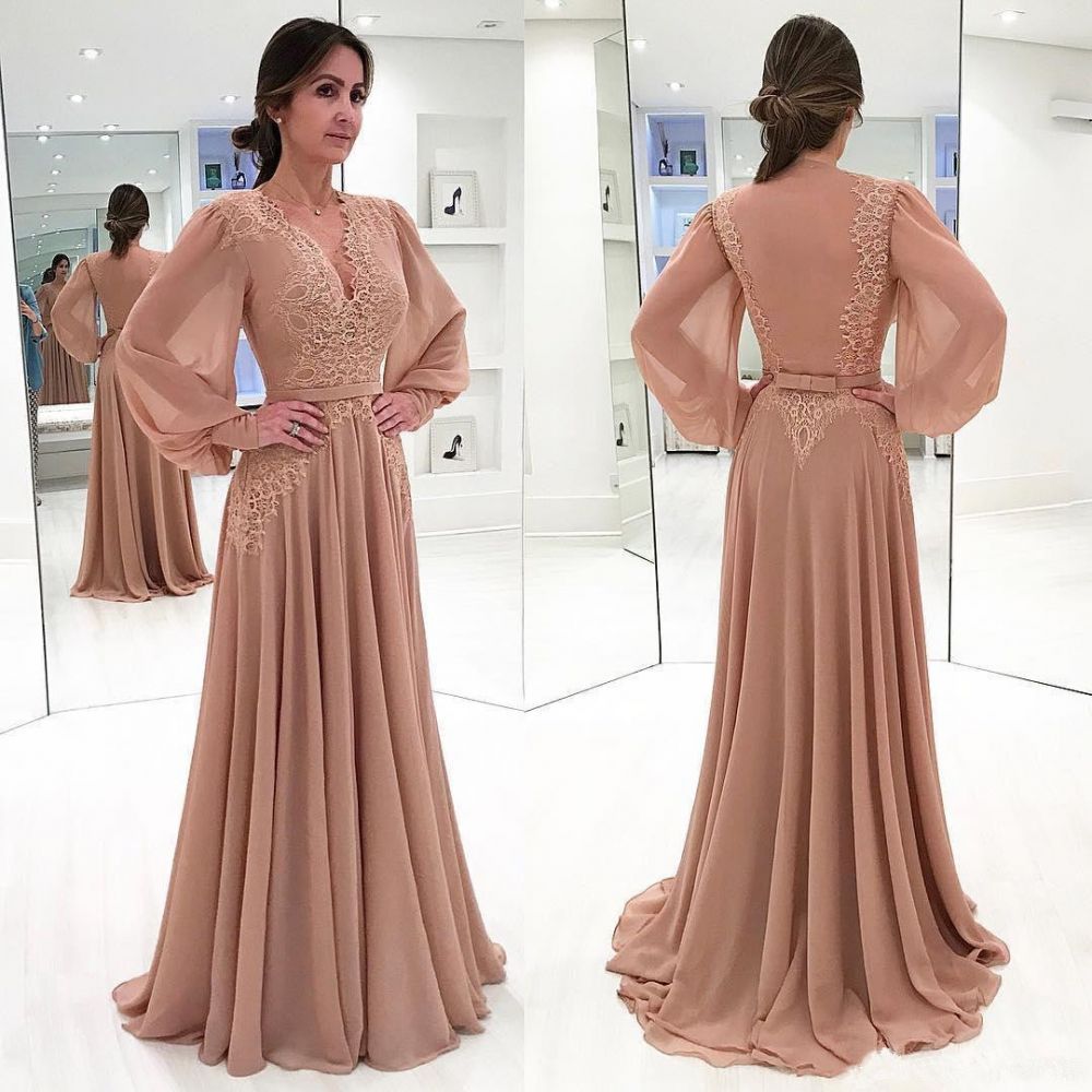 Elegant Champagne Puffy Sleeves Mother of the bride Dress | V-Neck Chiffon A-line Evening Gowns