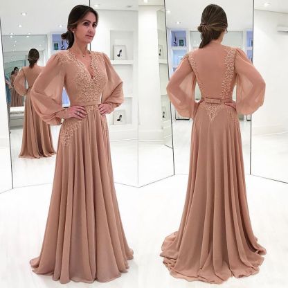 Elegant Champagne Puffy Sleeves Mother of the bride Dress | V-Neck Chiffon A-line Evening Gowns