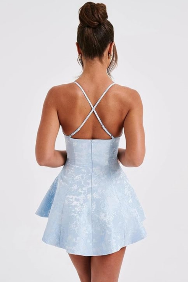 Simple Halter Short Satin Homecoming Dress Jacquard Mini Party Dress with Cross Straps