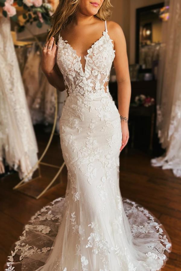 V-neck Lace Mermaid White Elegent Wedding Dresses