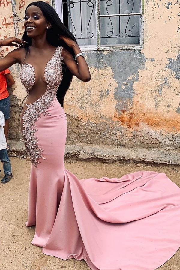 Sexy Jewel Lace Appliques Mermaid Long Prom Dresses With Court Train | Sheer Sleeveless Long Evening Gowns-Babyonlinewholesale