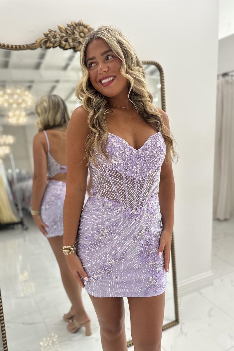 Lavender Spaghetti Straps Lace Beaded Corset Bodycon Mini Homecoming Dress