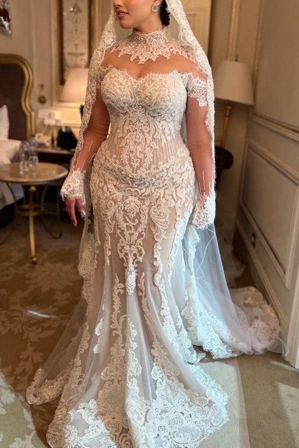 Gorgeous High Neck Sweetheart Mermaid White Lace  Wedding Dress with Appliques