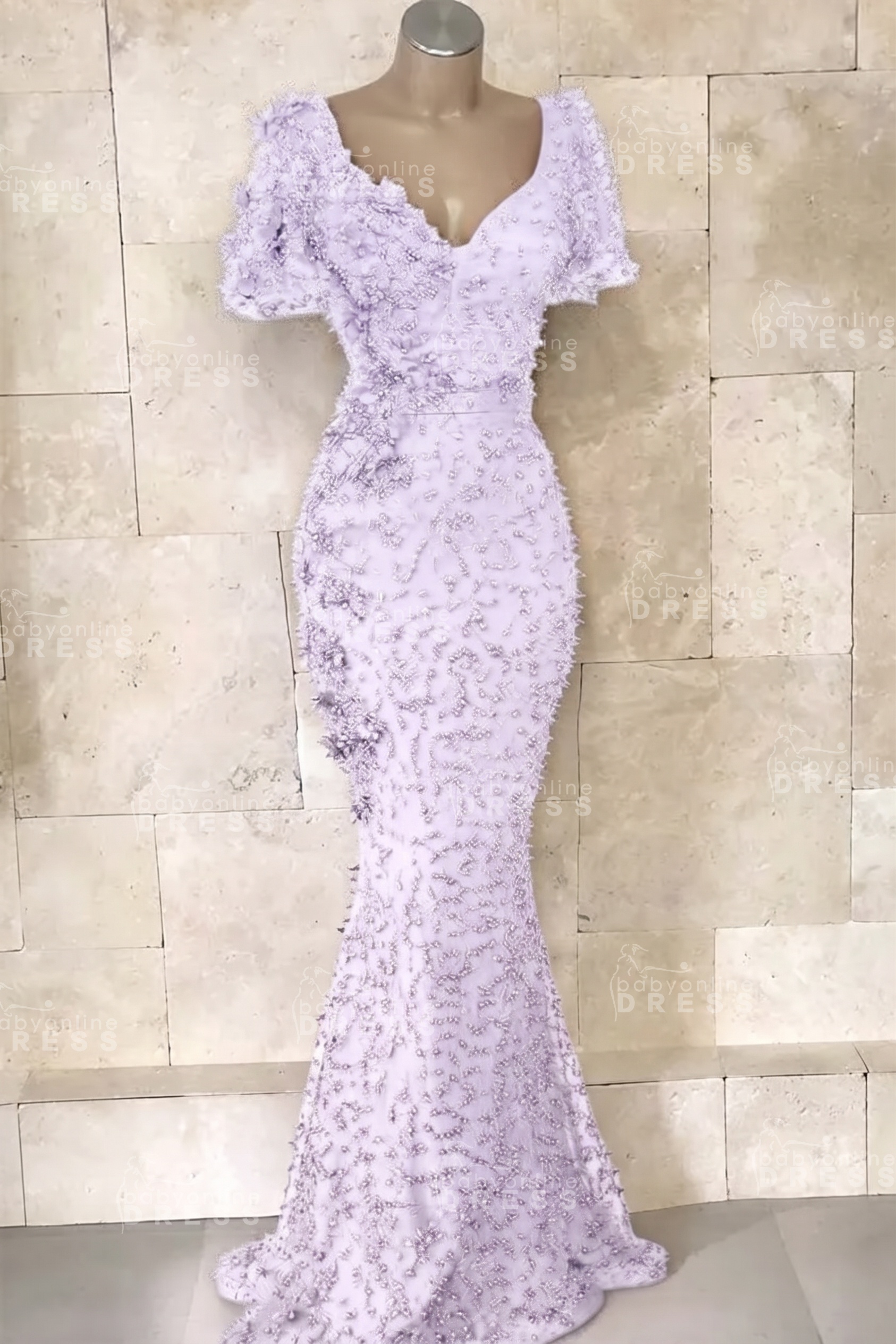 Glamorous V-Neck Short Sleeves Beading Flower Mermaid Floor-Length Prom Dresses