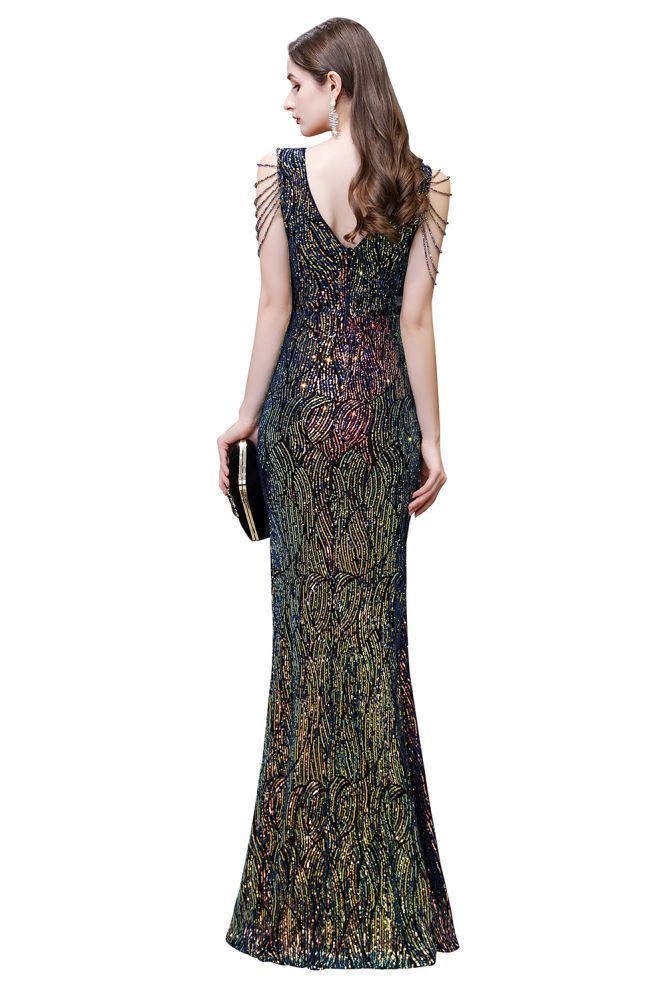 Sparkle V-neck High split Sleeveless Black Evening Dress Online