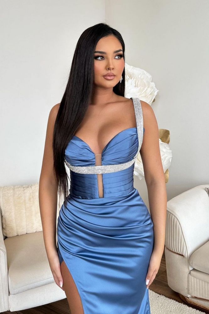 Sweetheart Dusty Blue Satin Floor length Prom Dresses