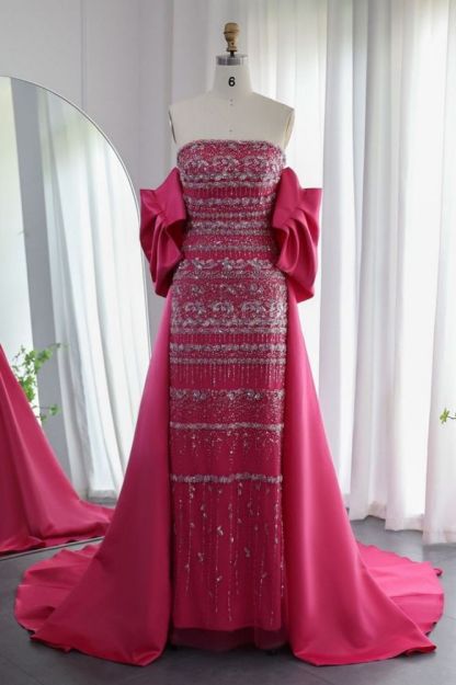 Gorgeous Strapless Glitter Beading Satin Mermaid Evening Gown with Ruffle Chapel Train