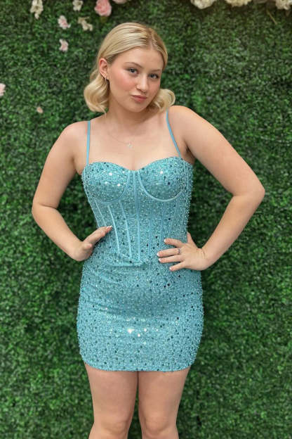 Sparkly Blue Spaghetti Straps Corset Tight Short Homecoming Dress
