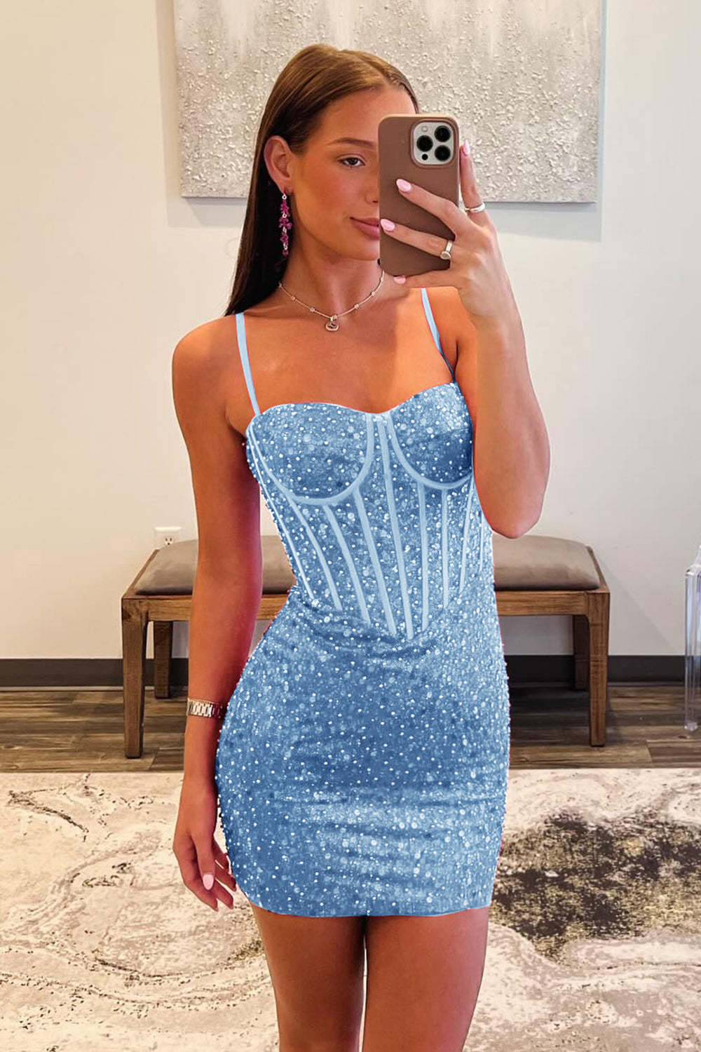 Sparkly Blue Spaghetti Straps Corset Tight Short Homecoming Dress