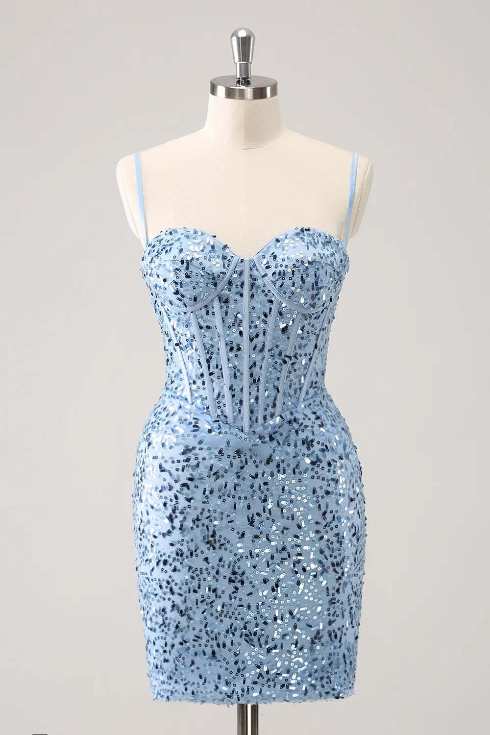 Sparkly Blue Spaghetti Straps Corset Tight Short Homecoming Dress