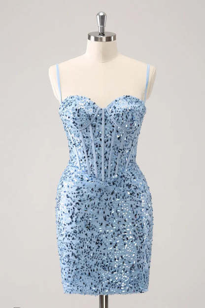 Sparkly Blue Spaghetti Straps Corset Tight Short Homecoming Dress