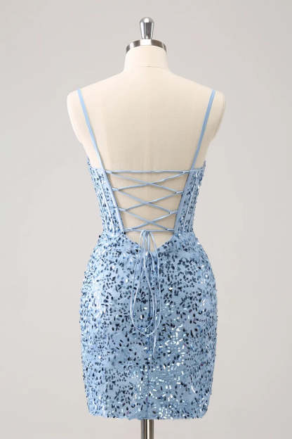 Sparkly Blue Spaghetti Straps Corset Tight Short Homecoming Dress