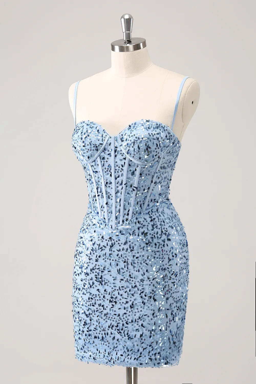 Sparkly Blue Spaghetti Straps Corset Tight Short Homecoming Dress