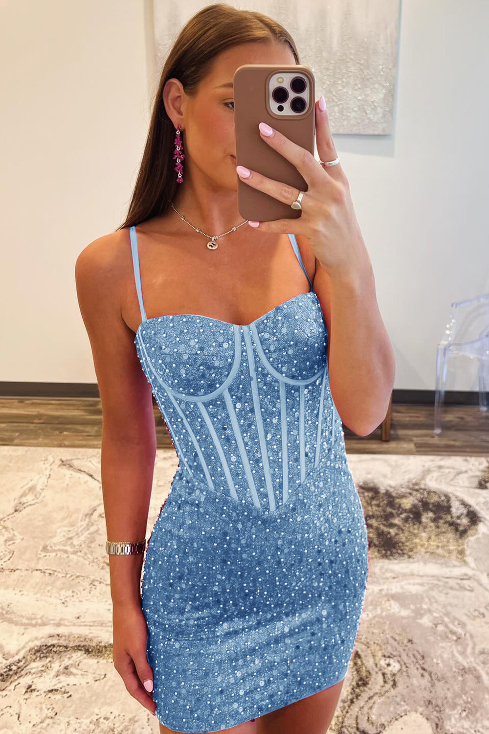 Sparkly Blue Spaghetti Straps Corset Tight Short Homecoming Dress