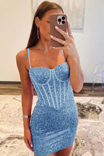 Sparkly Blue Spaghetti Straps Corset Tight Short Homecoming Dress