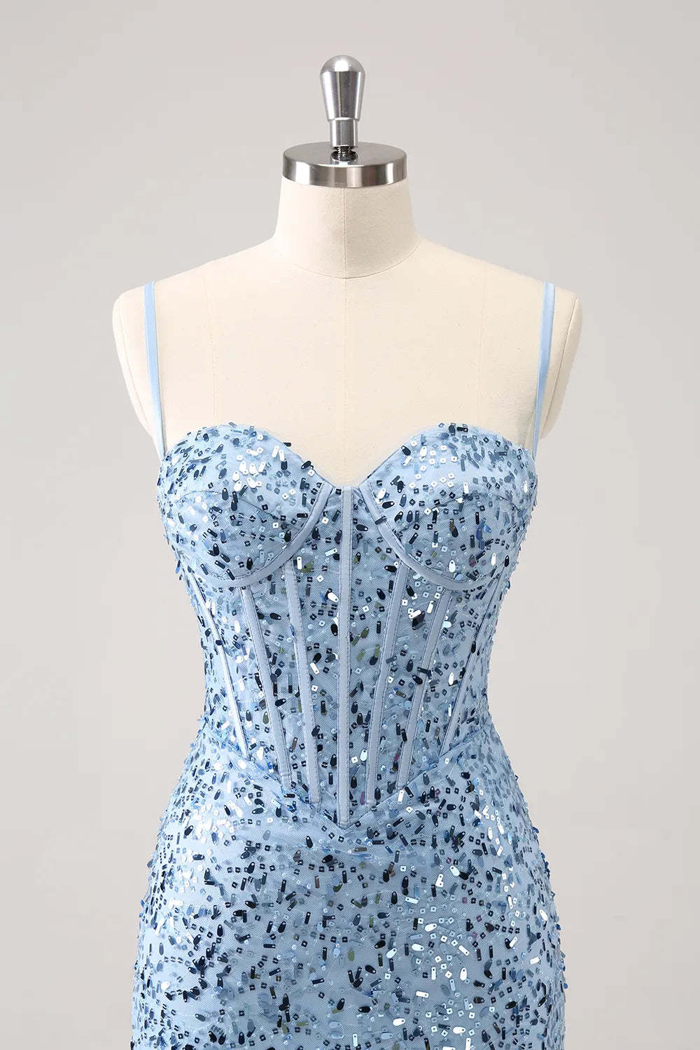 Sparkly Blue Spaghetti Straps Corset Tight Short Homecoming Dress