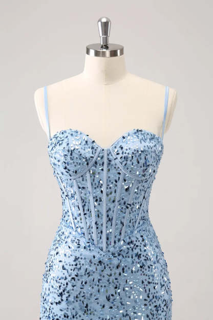 Sparkly Blue Spaghetti Straps Corset Tight Short Homecoming Dress