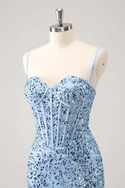 Sparkly Blue Spaghetti Straps Corset Tight Short Homecoming Dress