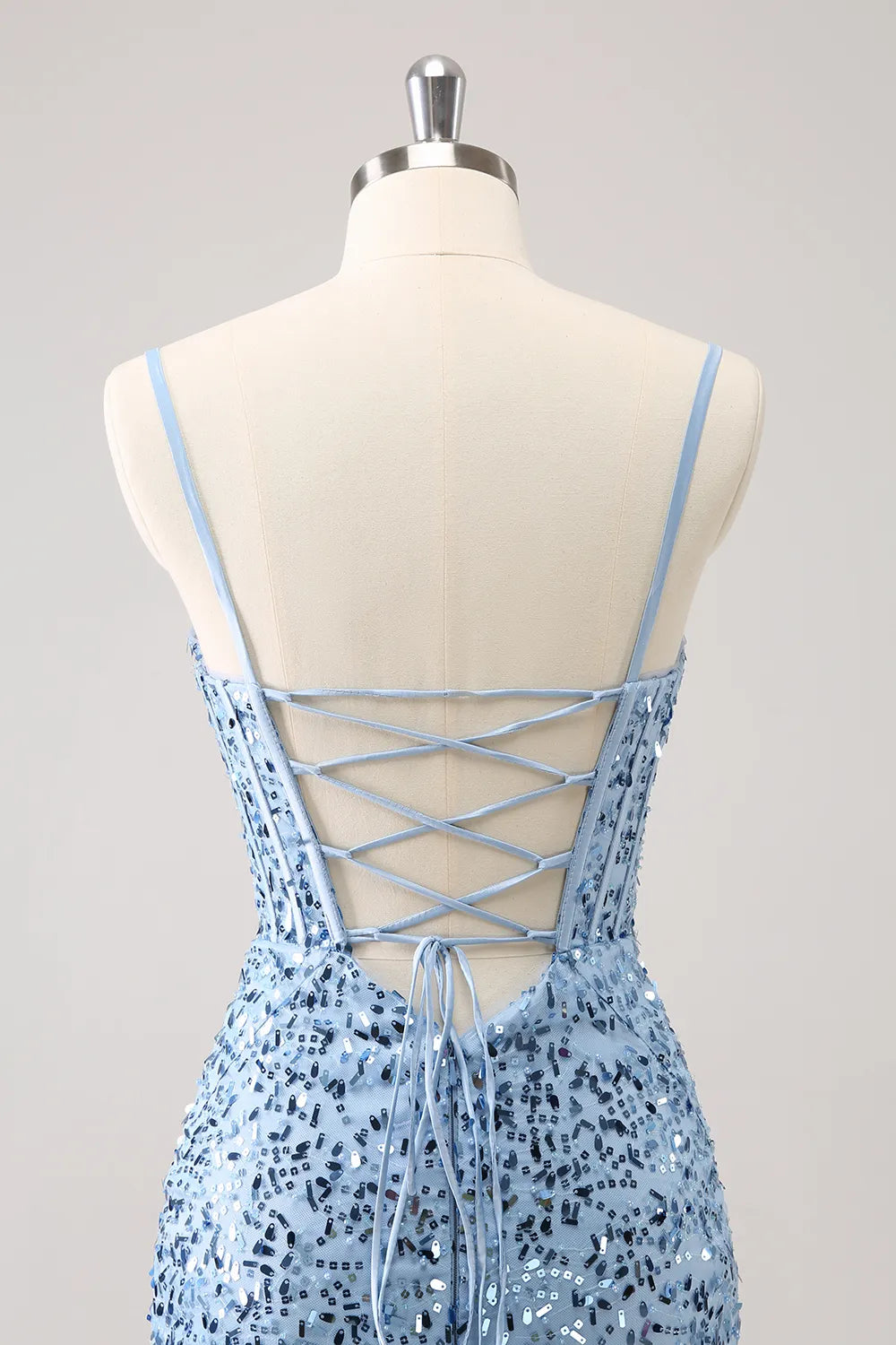 Sparkly Blue Spaghetti Straps Corset Tight Short Homecoming Dress