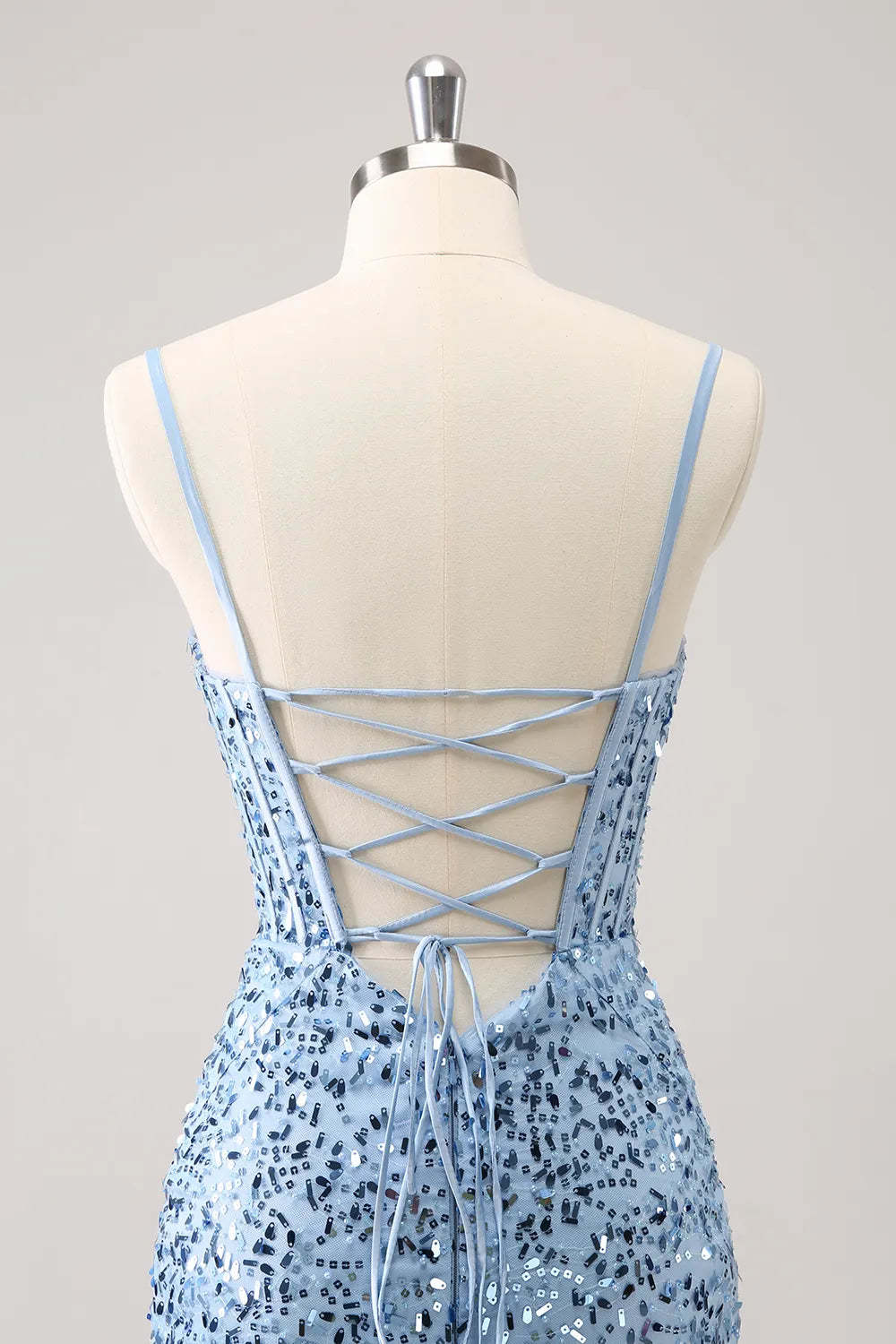 Sparkly Blue Spaghetti Straps Corset Tight Short Homecoming Dress