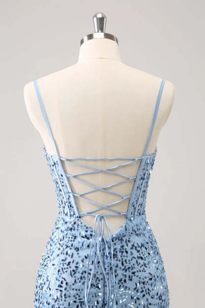 Sparkly Blue Spaghetti Straps Corset Tight Short Homecoming Dress