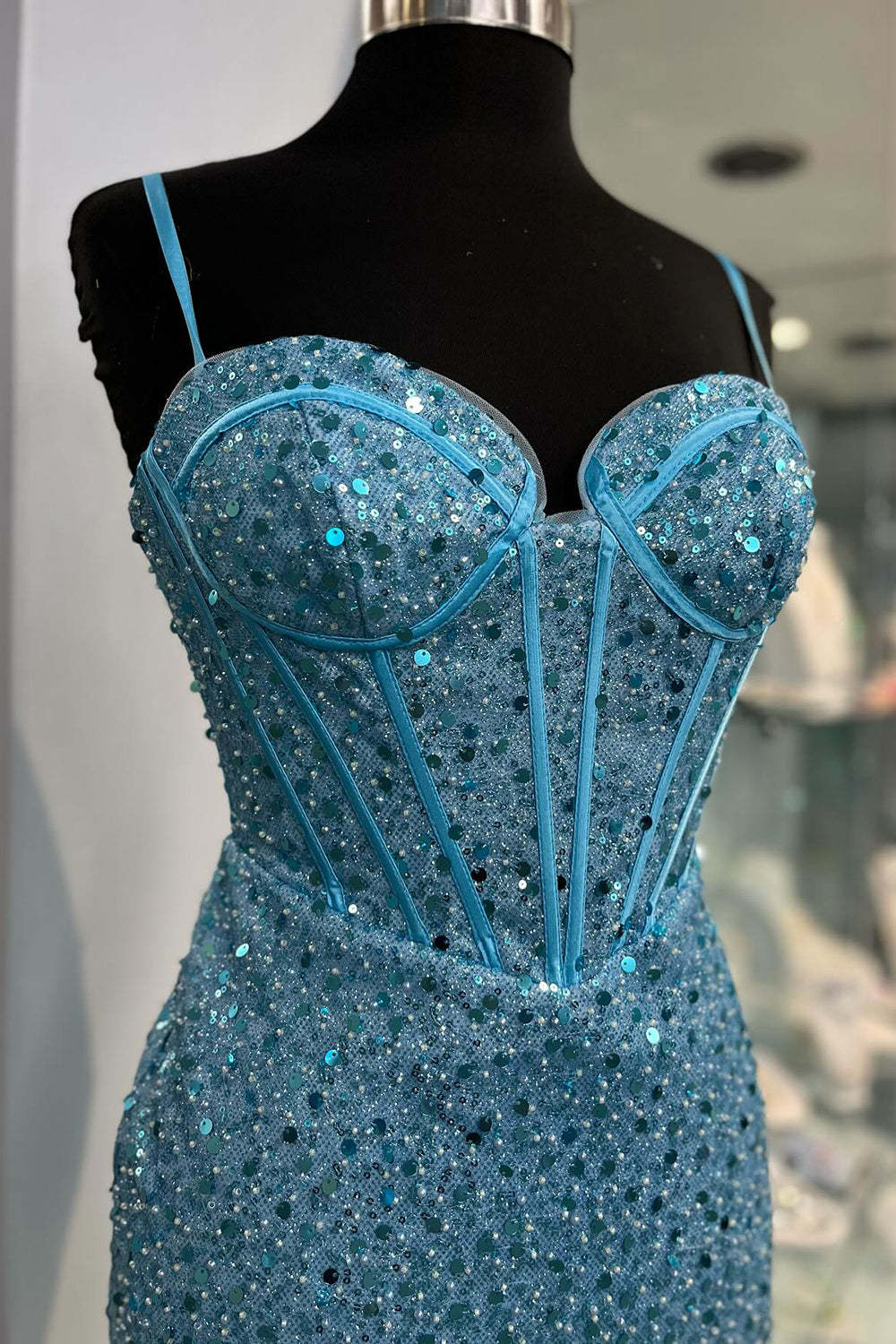 Sparkly Blue Spaghetti Straps Corset Tight Short Homecoming Dress