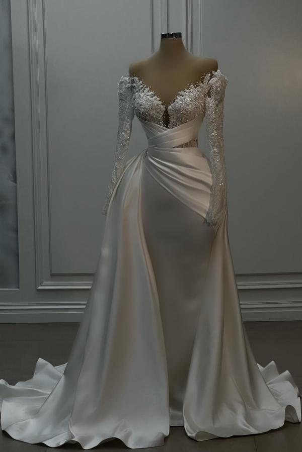 Long sleeves White Shiny Court Train Prom Dresses